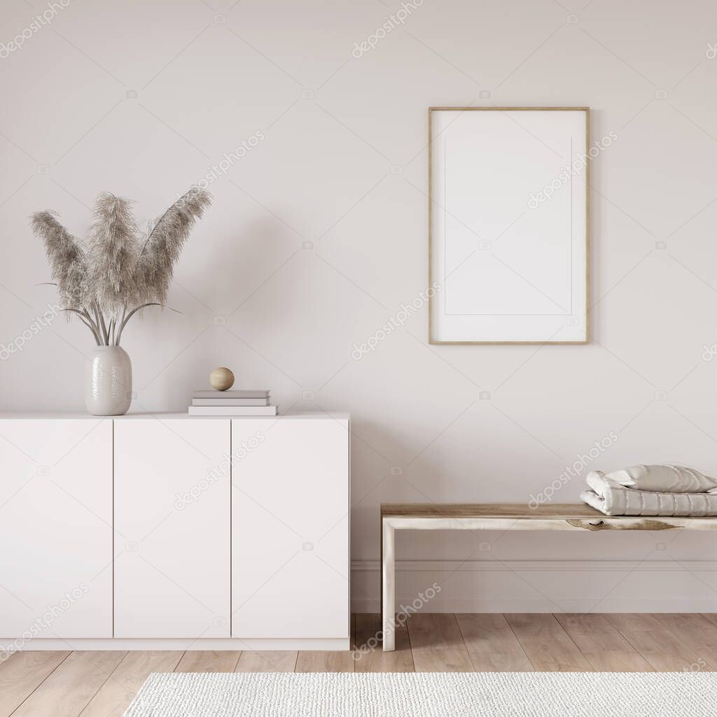 Mock up interior in off white tones with a long chest of drawers, and a wooden bench / 3D illustration, 3d render