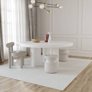 Yüzyıl ortası modern yemek odasının içi bej renginde büyük yuvarlak bir masa, sandalyeler, tabureler ve şık bir avize / 3D çizim, 3D çizim.
