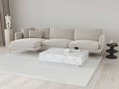 İç mekan orta çağ modern tarzı bej renginde, köşedeki kanepe, mermer masalar, büyük halı ve 3D resimli bir heykel.