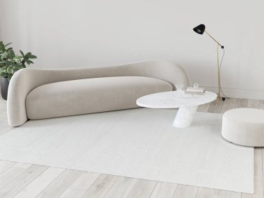 Yüzyılın ortalarında modern tarzda oturma odasının içinde biyonik kanepe, mermer masa, puf ve zemin lambası, 3D çizim, 3D çizim.