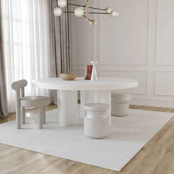 Yüzyıl ortası modern yemek odasının içi bej renginde büyük yuvarlak bir masa, sandalyeler, tabureler ve şık bir avize / 3D çizim, 3D çizim.