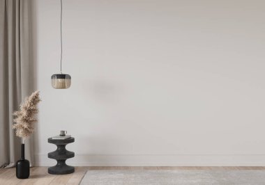 Perdeli iç kompozisyon, mermer masa, hasır bir avize ve beyaz bir duvara karşı vazo. Dahili / 3D illüstrasyon, 3D canlandırma 