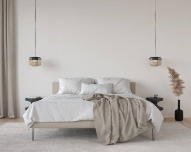 Beyaz yatak odasının içinde büyük bir yatak odası, rattan avizeleri, mermer komodinleri ve bej dekorları var. Yüzyılın ortalarında modern biçim / 3D illüstrasyon, 3d canlandırma 