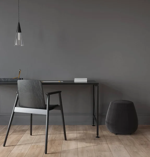 Interior Office Home Cabinet Dark Gray Minimalistic Style Stylish Chandelier — Stock Photo, Image