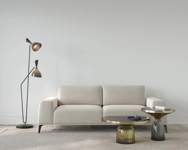 客厅或接待室内部为米色 有柔软的沙发 时尚的落地灯和玻璃桌子 世纪中叶现代风格 3D插图 3D渲染 — 图库照片