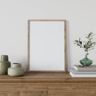 İçini ahşap çerçeveli bir A3 posteriyle yeşil dekoru / 3D çizimi olan bir çekmeceye yapıştır. 