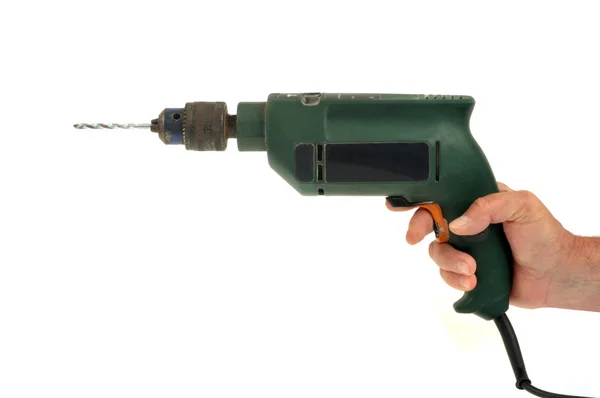 Electric Drill Hand Closeup White Background — Stock Photo, Image