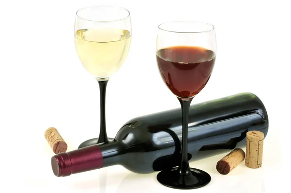 Verre Vin Rouge Vin Blanc Avec Une Bouteille Vin Liège — Photo