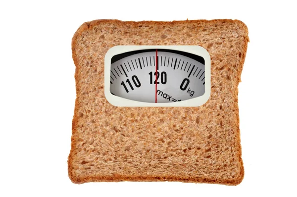Concept Sandwich Bread Weighs Person Closeup White Background — Stock Photo, Image