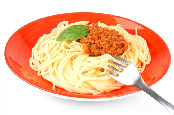 Piatto Spaghetti Con Primo Piano Bolognese Fondo Bianco — Foto Stock