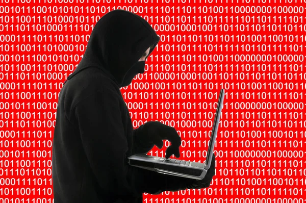 Hacker Com Laptop Código Binário Segundo Plano — Fotografia de Stock