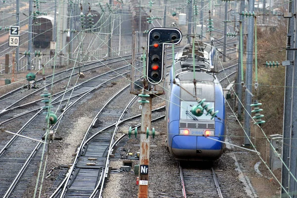 Tåg Rullande Räls Närbild — Stockfoto