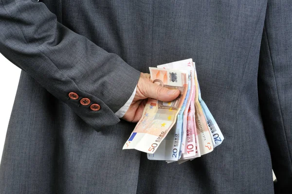 Empresário Escondendo Notas Bancárias Suas Costas — Fotografia de Stock