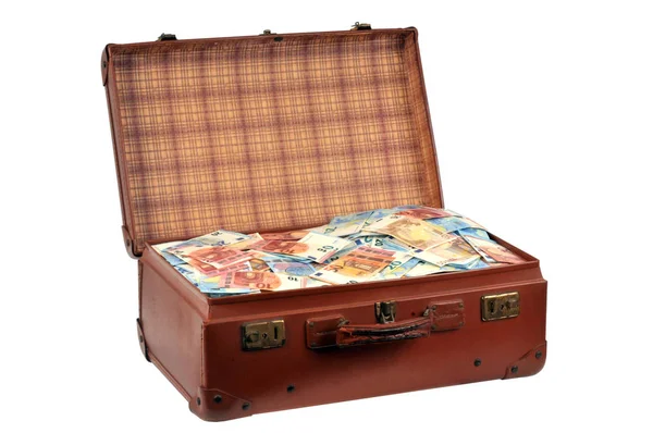 Suitcase Filled Euro Banknotes Close White Background — Stock Photo, Image