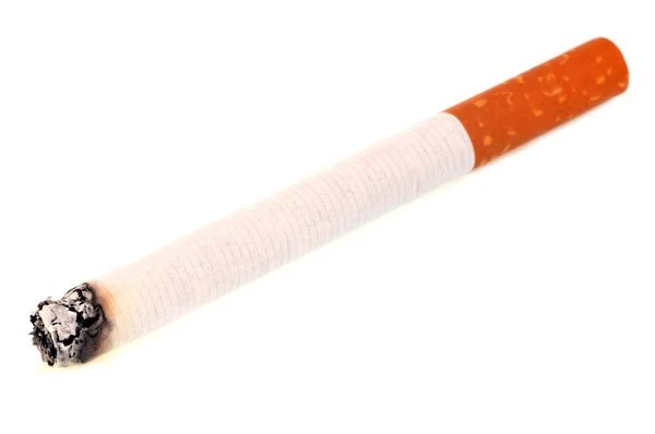 Lit Blonde Cigarette Closeup White Background — Stock Photo, Image