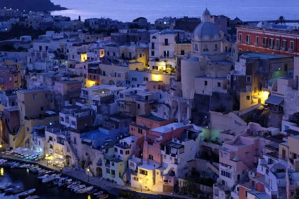 Pueblo Pesquero Corricella Por Noche Isla Procida Golfo Nápoles —  Fotos de Stock