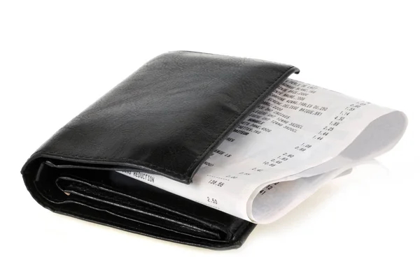 Kassenbon Portemonnaie Großaufnahme Auf Weißem Hintergrund — Stockfoto