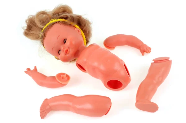 Violence Concept Disarticulated Doll Closeup White Background — Stock Photo, Image