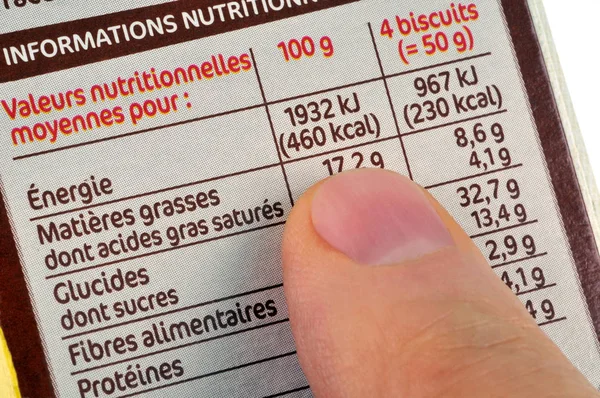 Nutrition information indicated in french on a food package