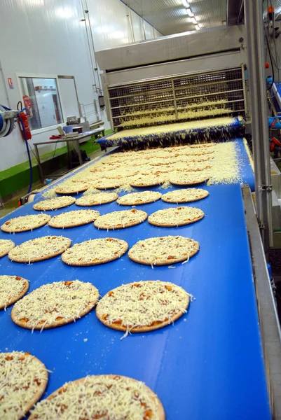 Industrial pizza on a production line