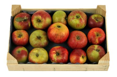 Apple crate top view in closeup on white background 