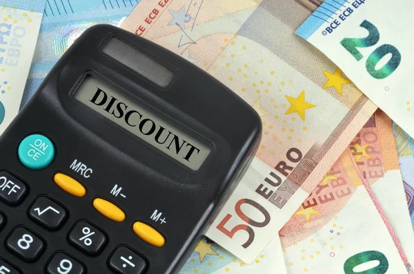 Discount Concept Close Calculator Euro Bank Notes Background — Stock Photo, Image