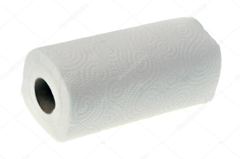 Paper towel roll close up on white background 