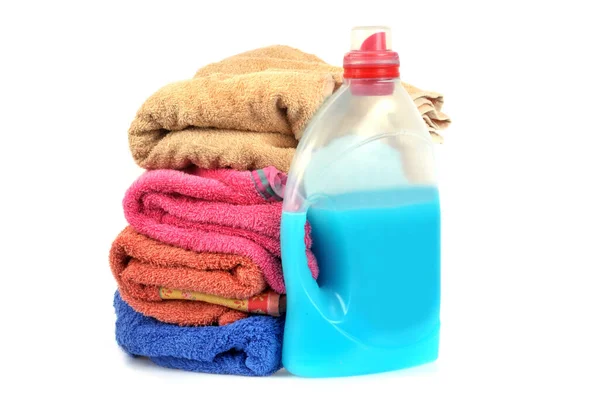 Liquid Laundry Detergent Bath Towels Close White Background — Stock Photo, Image