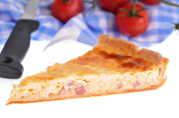 Quiche Lorraine Maison Avec Bouquet Tomates Gros Plan Sur Fond — Photo