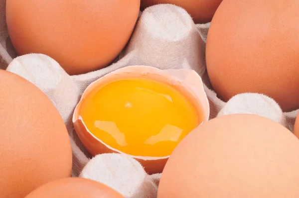 Kabuğundaki Yumurta Sarısı Diğer Yumurtaların Yanında Yakın Plan Paketlerinde — Stok fotoğraf