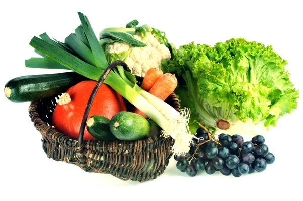 Assortment Vegetables Bunch Black Grapes White Background — Stock Photo, Image