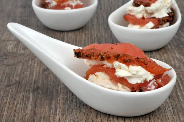 Mouthful Smoked Salmon Ricotta Served Spoon — Stock Photo, Image