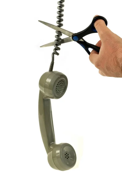 带电话听筒和剪子的白色背景电话截断概念 — 图库照片
