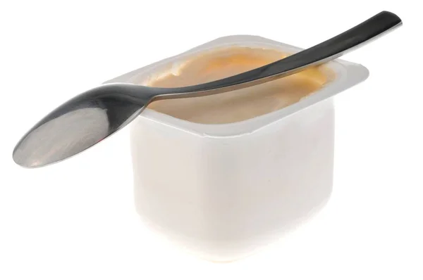 Jar Plain Yogurt Spoon Close White Background — Stock Photo, Image