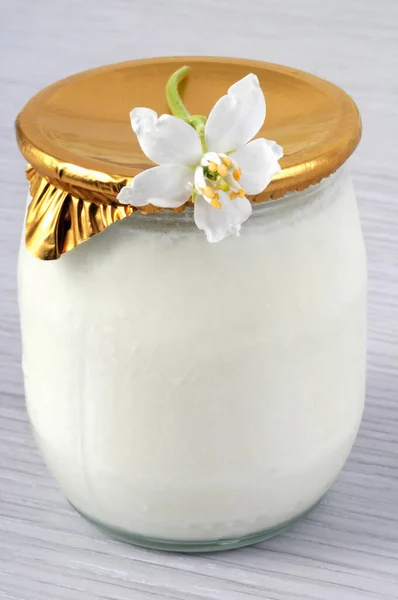 Słoik Jogurtu Waniliowego Szkle Kwiatem — Zdjęcie stockowe