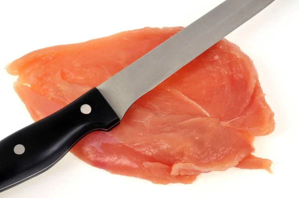Raw Veal Cutlet Knife Close White Background — Stock Photo, Image
