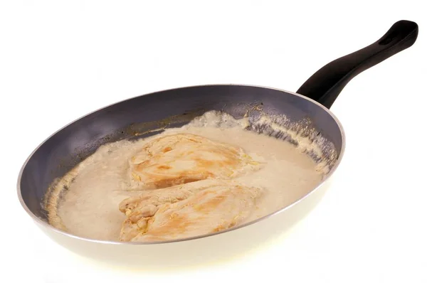 Veal Cutlets Cream Cooked Pan White Background — Stock Photo, Image