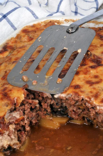 Plato Moussaka Casero Cerca —  Fotos de Stock