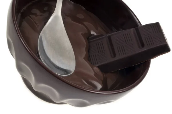 Ramequin Crème Chocolat Avec Des Carrés Chocolat Gros Plan Sur — Photo