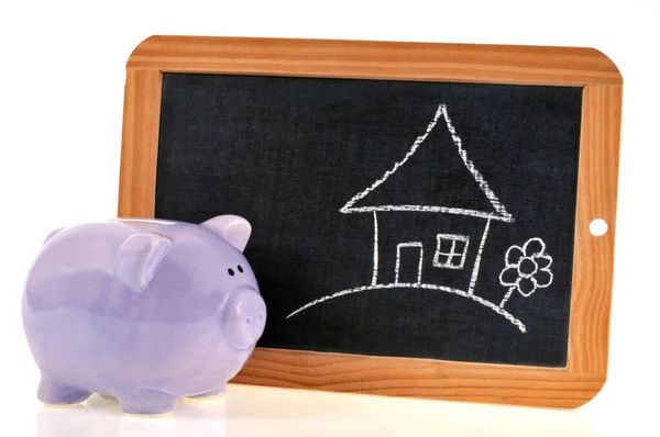 Piggy Bank Placed Next School Slate Which Drawn House Flower — Stock Photo, Image
