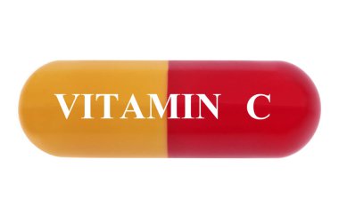 Beyaz zemin üzerinde C vitamini kapsülü içeren diyet takviyesi kavramı 