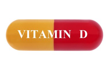 Beyaz zemin üzerinde D vitamini kapsülü içeren diyet takviyesi kavramı 