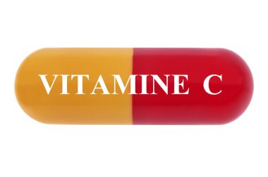 Beyaz zemin üzerinde C vitamini kapsülü içeren diyet takviyesi kavramı 