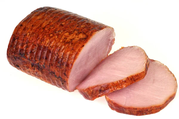 Gesneden Gerookt Varkensvlees Gebraad Close Witte Achtergrond — Stockfoto
