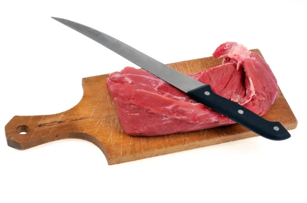 Raw Pork Tenderloin Cutting Board Knife Close White Background — Stock Photo, Image