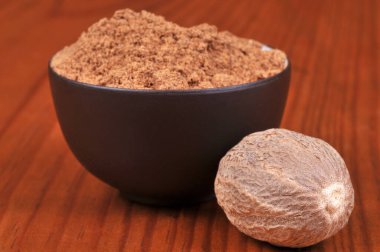 Ahşap arka planda bir kase toz hindistan cevizi.