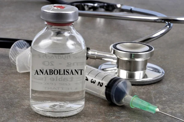 Begreppet Fransk Anabol Injektionsflaska Med Spruta Och Stetoskop — Stockfoto