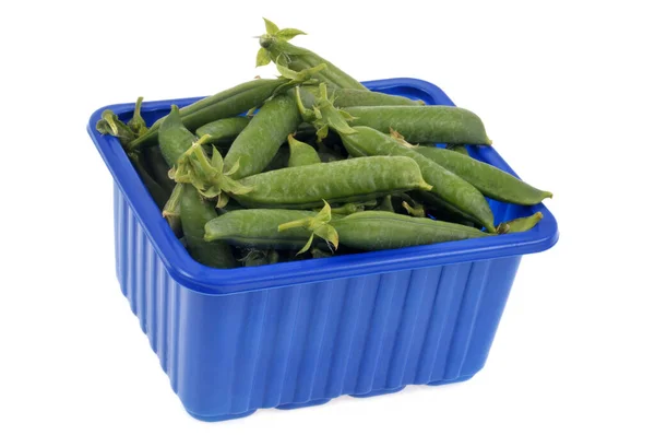 Ervilhas Verdes Orgânicas Frescas Sua Vagem Recipiente Plástico Azul Perto — Fotografia de Stock