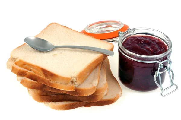 Jar Strawberry Jam White Bread Spoon — Stock Photo, Image