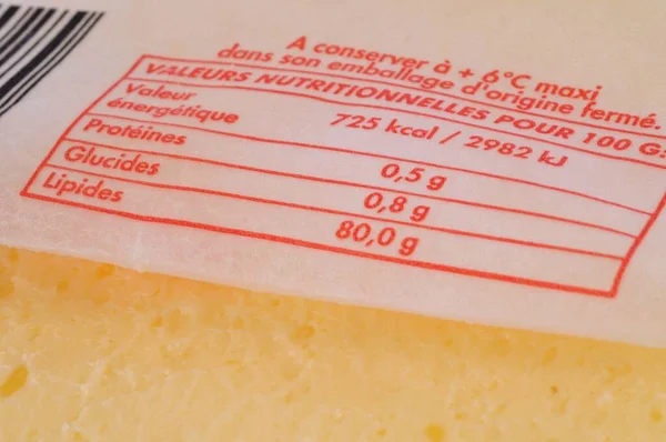 Nutritional values of butter written in French on a packaging close-up